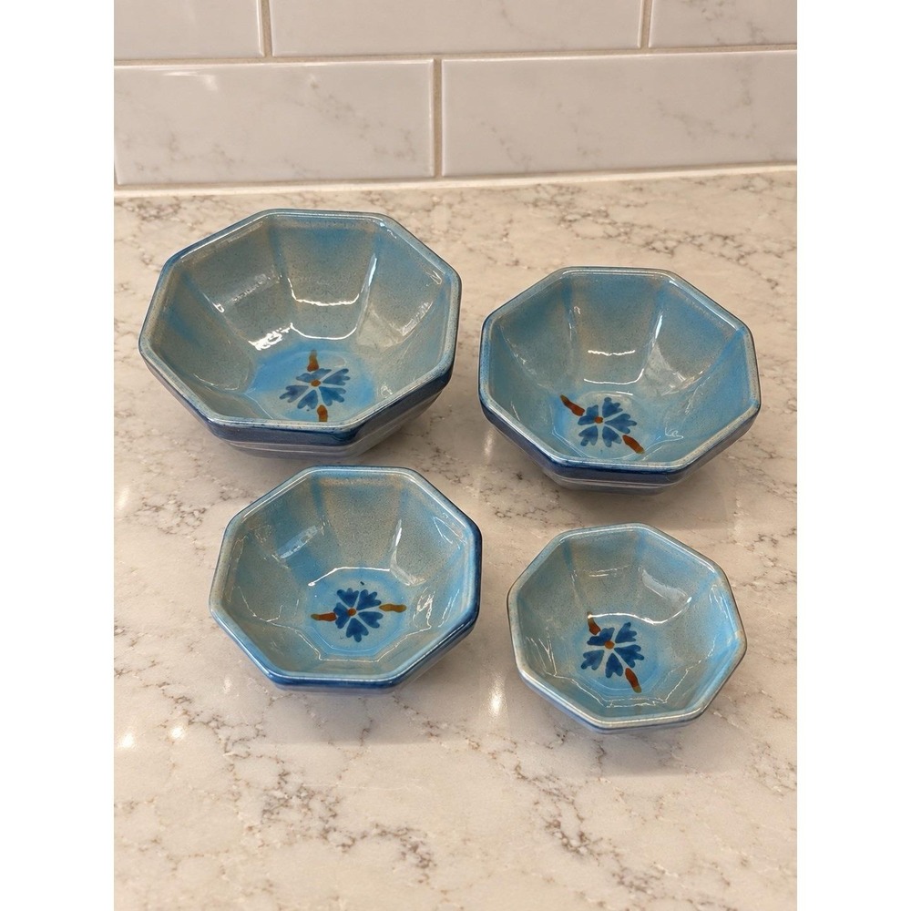 Vintage Blue Art Pottery Nesting Measuring Bowls Stoneware MCM Kitchen Set Of 4